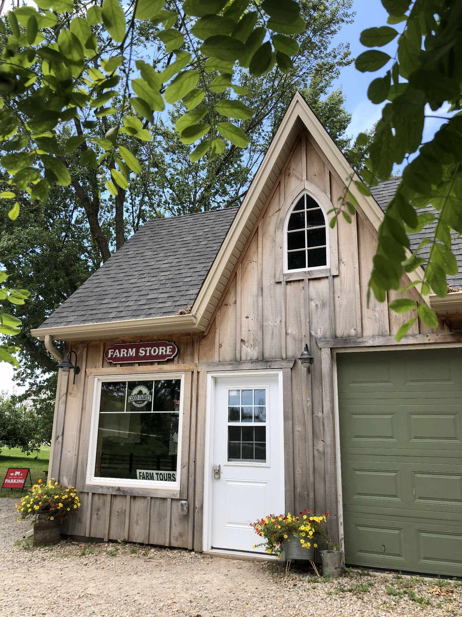 The Good Family Farms farm store building with its Farm Store sign